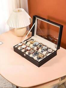 2/12 Slot Waterproof PU Leather Watch Storage Box, Watch Box Storage Organizer, Watch Gift Box, Travel Watch Storage Box, Luxury Large Capacity Watch Storage Box, Unisex, Elegant Black PU Leather With Compartments Watch Case - Holds Watches, Home Organization And Storage Supplies, Room Decoration, Gifts For Men, Gifts For Women - Multicolor - View 12