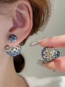 1 Pair Front & Back Style Emerald Crystal & Faux Pearl Stud Earrings, Elegant & Versatile For Women