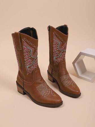 Western-Style Embroidered PU Upper, Fashionable Design, Chunky Heel, Suitable For Daily Wear, Women's Western Boots, Women's Ankle Boots, Fashion Boots, Western Boots