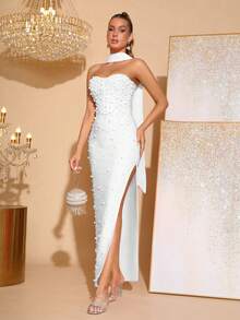 Elegant Beaded Decor Strapless High Slit Bridesmaid Dress, Bandage Party Gown - White - View 10