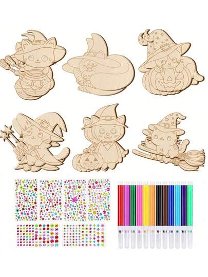 6/12pcs/Sets Magic Cat Unfinished Halloween Wooden Decoration, Halloween Cat Coloring Wooden Crafts, Hanging Ornaments - DIY Handmade Set - DIY Painting Set - Perfect For Holidays, Birthdays And Room Decorations