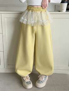 Calça de Moletom Reta Casual Folgada com Bordado Menina & Meninas, Confortável para Verão, Primavera e Outono - Amarelo - Visão 3