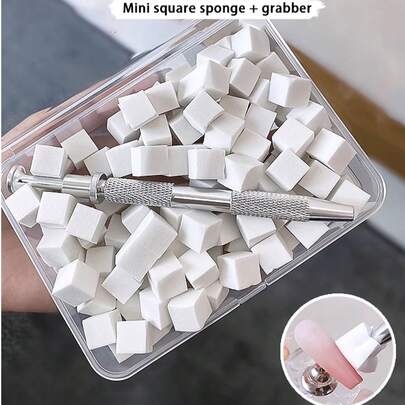 100 miếng mút xốp mini kèm nhíp 4 càng, mút xốp tạo hiệu ứng chuyển màu cho móng tay, dụng cụ sơn móng tay chuyển màu.