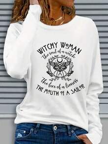 Halloween Outfits Witch Element Graphic Tees,Fall Clothes For Women Comfortable Casual "WITCHY WoMAN"Creative Letter Print Long-Sleeved T-Shirts,Party Gatherings Clothes Going Out Tops Women For Home Or Outdoor,Suitable For Spring And Autumn Wear