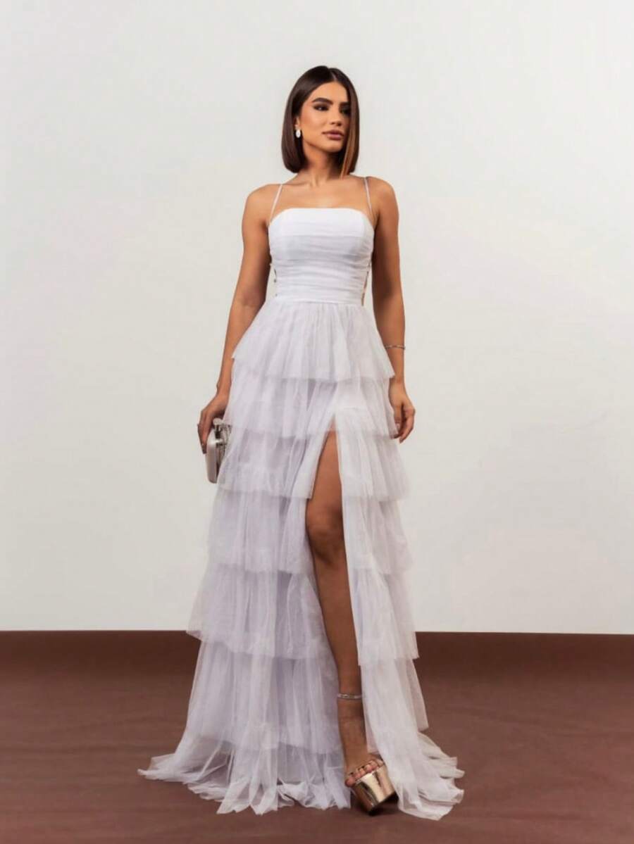 Tiered Prom Dress For Graduation And Bridesmaids. Elegant Conservative/Modest Sexy Casual Shiny Zipper Appliques Wedding Party Birthday Party Anniversary Party Graduation Party - 白色 - 查看 1