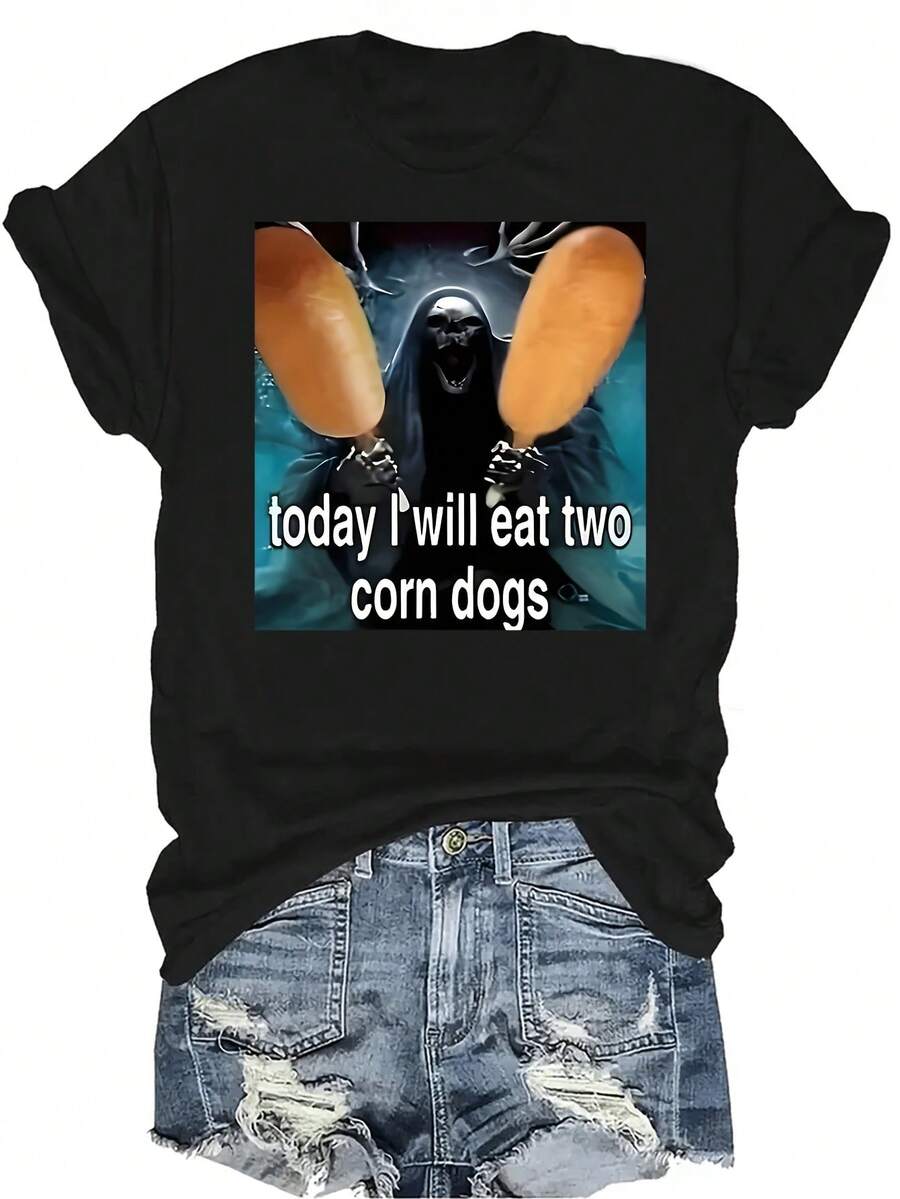Voy a comer dos perros calientes de maíz hoy Camiseta para mujer Unisex Verano Casual Transpirable Personalidad Cuello redondo Manga corta Camiseta Ropa de calle Versátil, Adecuado para adolescentes y adultos - Negro - Ver 1
