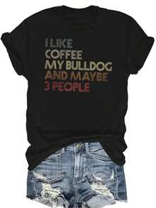 Me gusta el café Camiseta de bulldog para mujer Unisex Verano Casual Transpirable Personalidad Cuello redondo Manga corta Camiseta Ropa de calle Versátil Adecuado para adolescentes y adultos - Negro - Ver 1