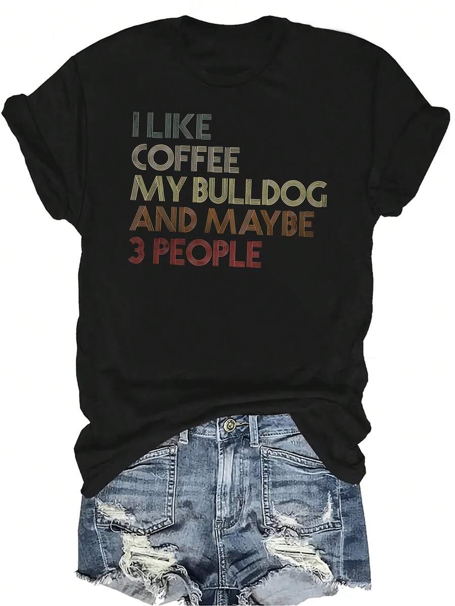 Me gusta el café Camiseta de bulldog para mujer Unisex Verano Casual Transpirable Personalidad Cuello redondo Manga corta Camiseta Ropa de calle Versátil Adecuado para adolescentes y adultos - Negro - Ver 1
