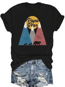 Camiseta con diseño de un oso papá y sus dos ositos caminando en las montañas para mujeres y unisex, de verano, casual, transpirable, de cuello redondo, manga corta, estilo urbano y versátil, adecuada para adolescentes y adultos - Negro - Ver 1