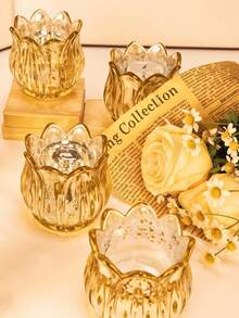 1 件/4 件郁金香图案水晶烛台、透明许愿烛台、玻璃烛台、轻巧浪漫烛杯、香薰烛台、烛杯、圣诞婚礼派对装饰、节日装饰（不含蜡烛）