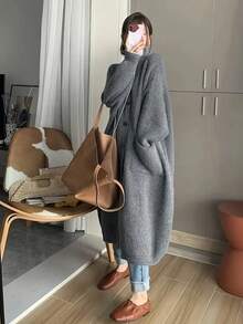 大码女式优雅休闲日常百搭中长款开衫，长袖带口袋，纯色，秋冬 - 灰色 - 查看 3