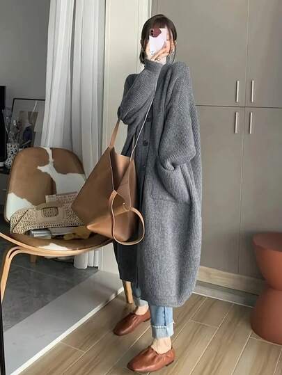 Plus Size Women Elegant Casual Everyday Versatile Mid-Length Cardigan, Long Sleeve With Pockets, Solid Color, Autumn/Winter