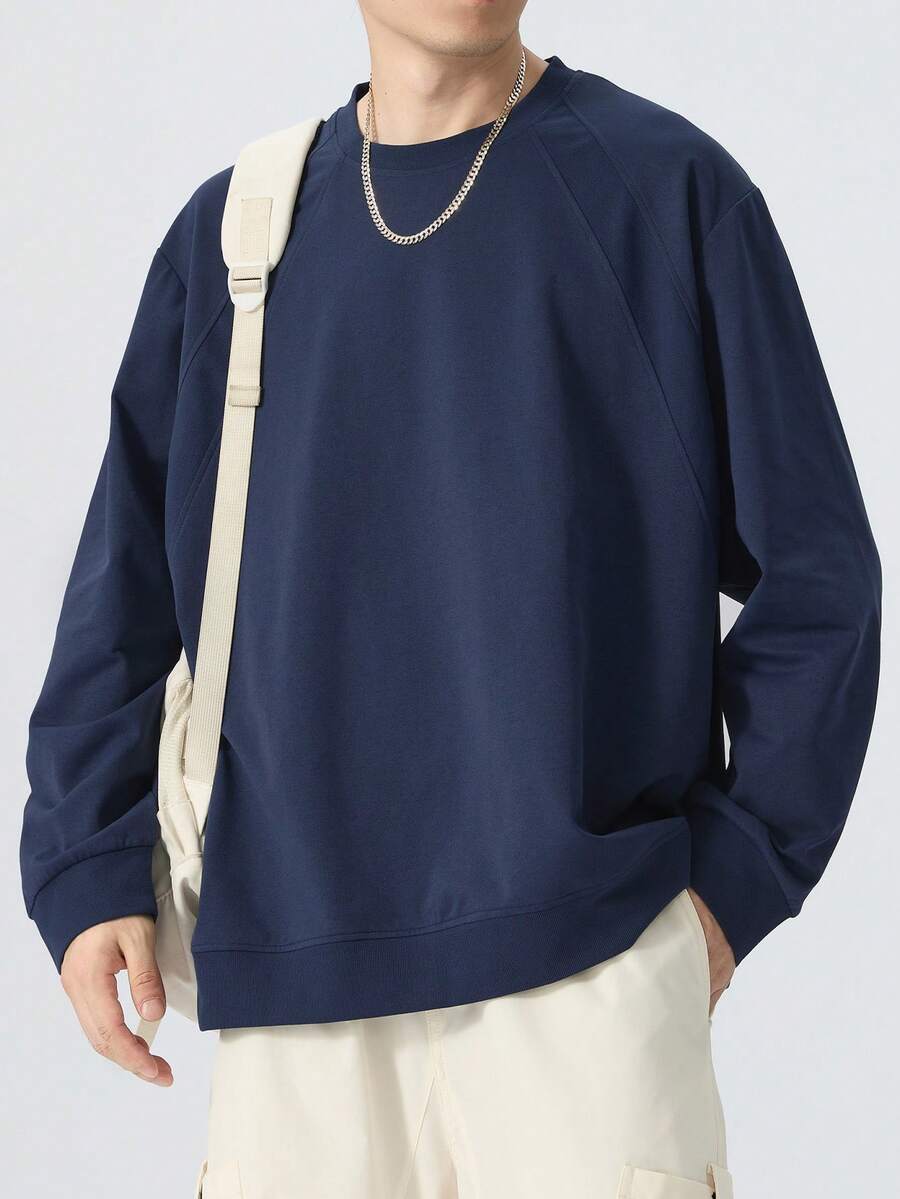 男士加大码纯色长袖 T 恤，纯色汗衫长袖上衣，适合所有季节，秋季