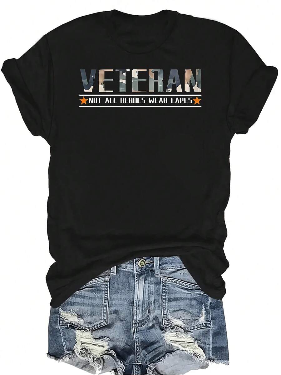 Camiseta corta de mujer con estampado gráfico "Vet-Eran", unisex, de verano, casual, transpirable, de personalidad, de cuello redondo, de manga corta, ropa de calle, versátil, adecuada para adolescentes y adultos - Negro - Ver 1
