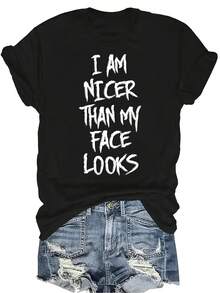 Soy talla grande agradable de lo que parece mi cara Camiseta de sarcasmo divertida Mujer Unisex Verano Casual Transpirable Personalidad Cuello redondo Manga corta Camiseta Ropa de calle Versátil, Adecuado para adolescentes y adultos - Negro - Ver 1