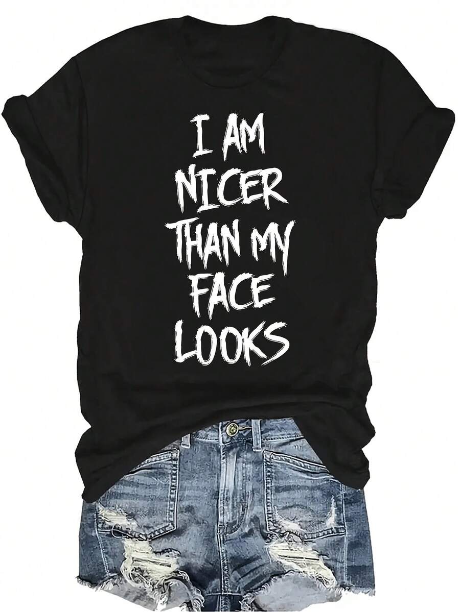 Soy talla grande agradable de lo que parece mi cara Camiseta de sarcasmo divertida Mujer Unisex Verano Casual Transpirable Personalidad Cuello redondo Manga corta Camiseta Ropa de calle Versátil, Adecuado para adolescentes y adultos - Negro - Ver 1
