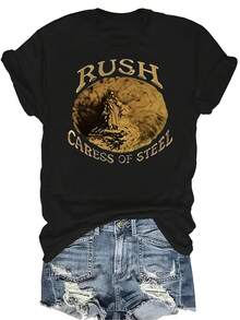 Camiseta de moda clásica RUSH, de estilo , para mujer y unisex, de verano, casual, transpirable, con cuello redondo, manga corta, estilo urbano, versátil, adecuada para adolescentes y adultos - Negro - Ver 1