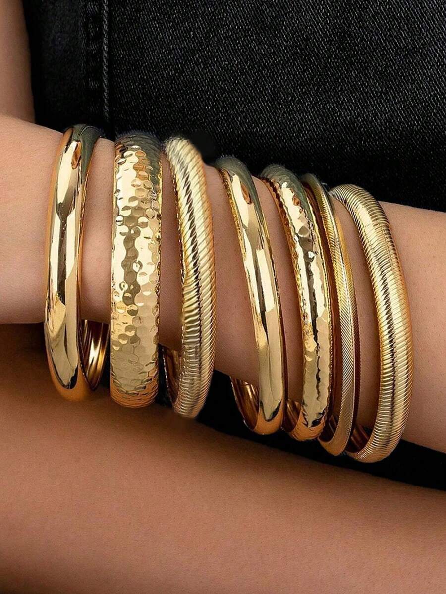 7 Gold Iron Bracelets, Ladies Wrist Bracelets, Stacked Ladies Jewelry Sets - Gold - View 1