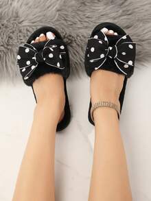 2025 New Arrival Women's Faux Fur Bling-Bling Bow & Rhinestone Decor Open Toe Comfortable Indoor Slippers, Sexy & Fashionable, Suitable For Spring, Summer, Autumn, Winter - Black - View 2