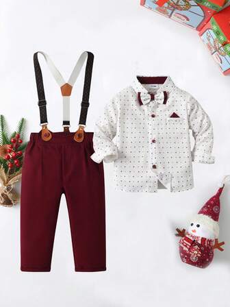BOARNSEORL 2pcs Baby Boys Gentleman Outfit Set, Long Sleeve Shirt With Bow Tie And Overalls, Fashionable & Stylish For Birthday Party, New Year, Christmas Event