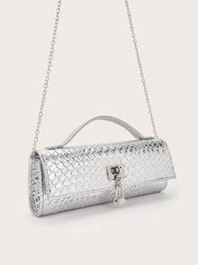 Fashionable Shiny Crocodile Pattern Handbag, Luxury Women's New Party Bag Clutch, Exquisite Long Prom Bag With Hardware Pendant, Suitable For Women To Match With Gorgeous Banquet Dresses, Suitable For Summer Parties, Gatherings, Dinners, Weddings - Bạc - Xem 5