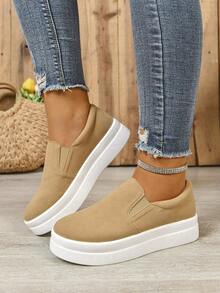 Mocasines planos color caqui para mujer, de unicolor, punta redonda, minimalistas, ligeros, de slip-on, zapatos de plataforma de moda, versátiles para todas las estaciones