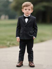 4-Piece Set Of Boys Formal Suit Vest Pants Bow Tie Boy Elegant Suit Boy Wedding Guest Children Gentleman Suit Party Dress - Black - View 1