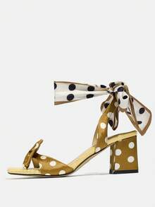 女士高跟凉鞋,适合派对、户外、高跟、女士凉鞋、旅行、时尚度假、粗跟方头、波尔卡圆点围巾领带、3D 圆点蝴蝶结装饰、纯色纹理材质、优雅的金色高跟凉鞋 - 金色 - 查看 7