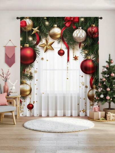 1pc Christmas Decorative Sheer Curtain With Christmas Fruit, Bow, Gold Balloons, Suitable For Living Room, Bedroom, Kitchen Decoration. Washable, With Rod Pocket, Leaf & Bell Pattern, 100g/㎡ Home Decor Christmas Decorations Room Decor Christmas Decorations Home