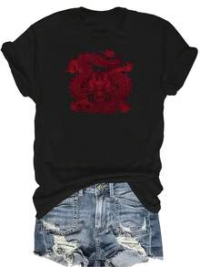Camiseta con patrones interesantes para mujer y unisex, de verano, casual, transpirable, con cuello redondo, manga corta, estilo urbano y versátil, adecuada para adolescentes y adultos - Negro - Ver 1