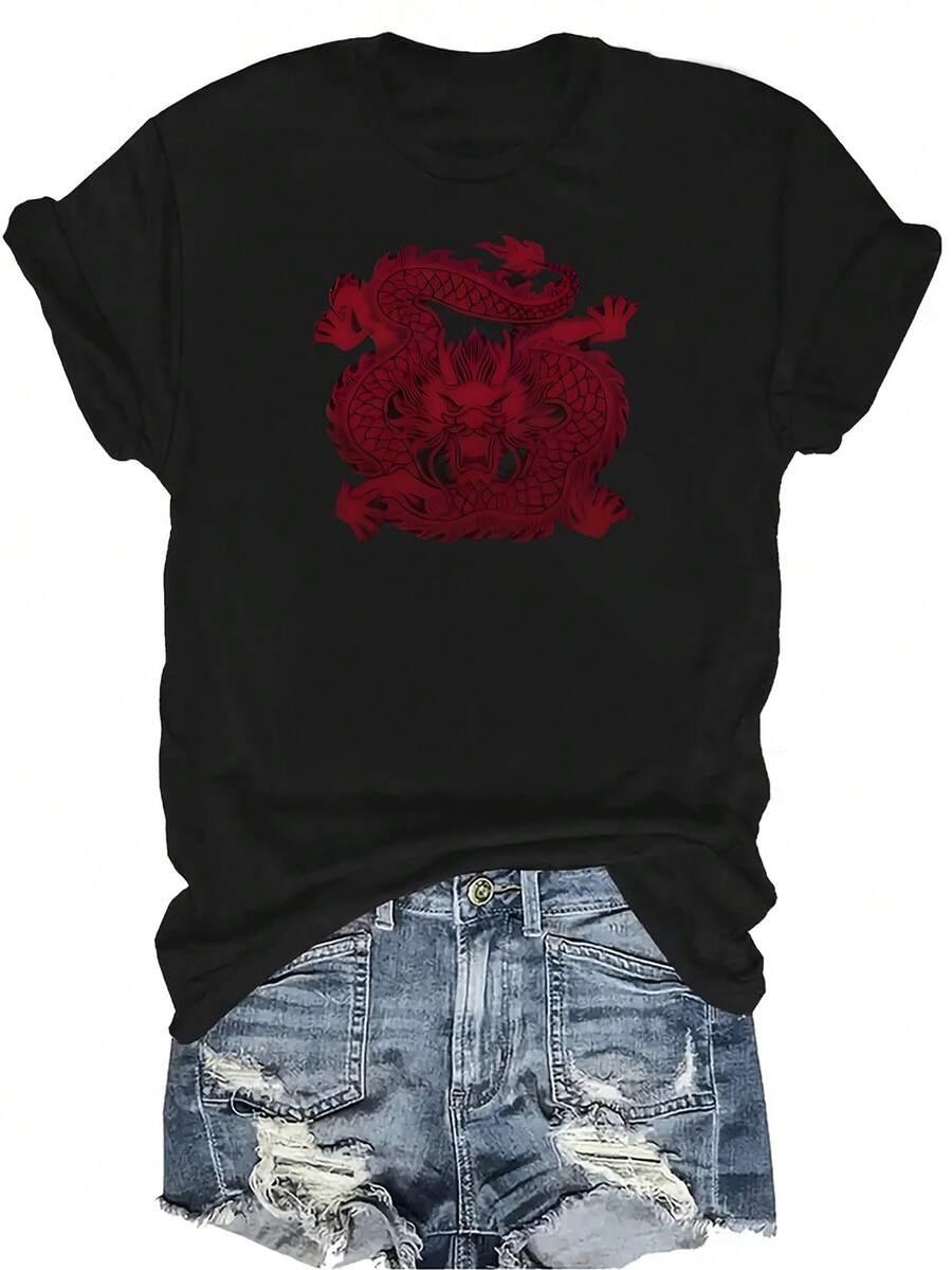 Camiseta con patrones interesantes para mujer y unisex, de verano, casual, transpirable, con cuello redondo, manga corta, estilo urbano y versátil, adecuada para adolescentes y adultos - Negro - Ver 1
