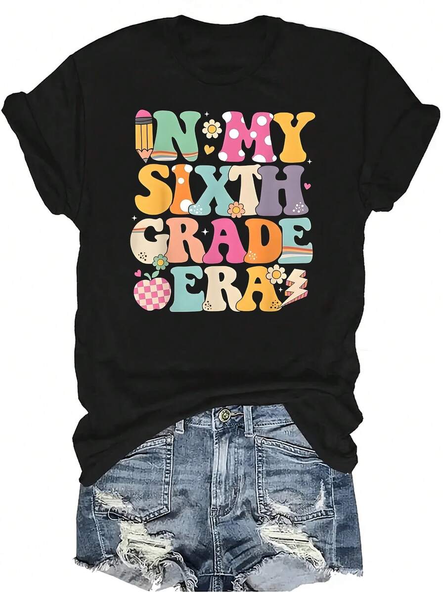 Camiseta de mujer unisex para el regreso a la escuela de 6to grado, de estilo casual y transpirable, con cuello redondo y manga corta, adecuada para adolescentes y adultos - Negro - Ver 1