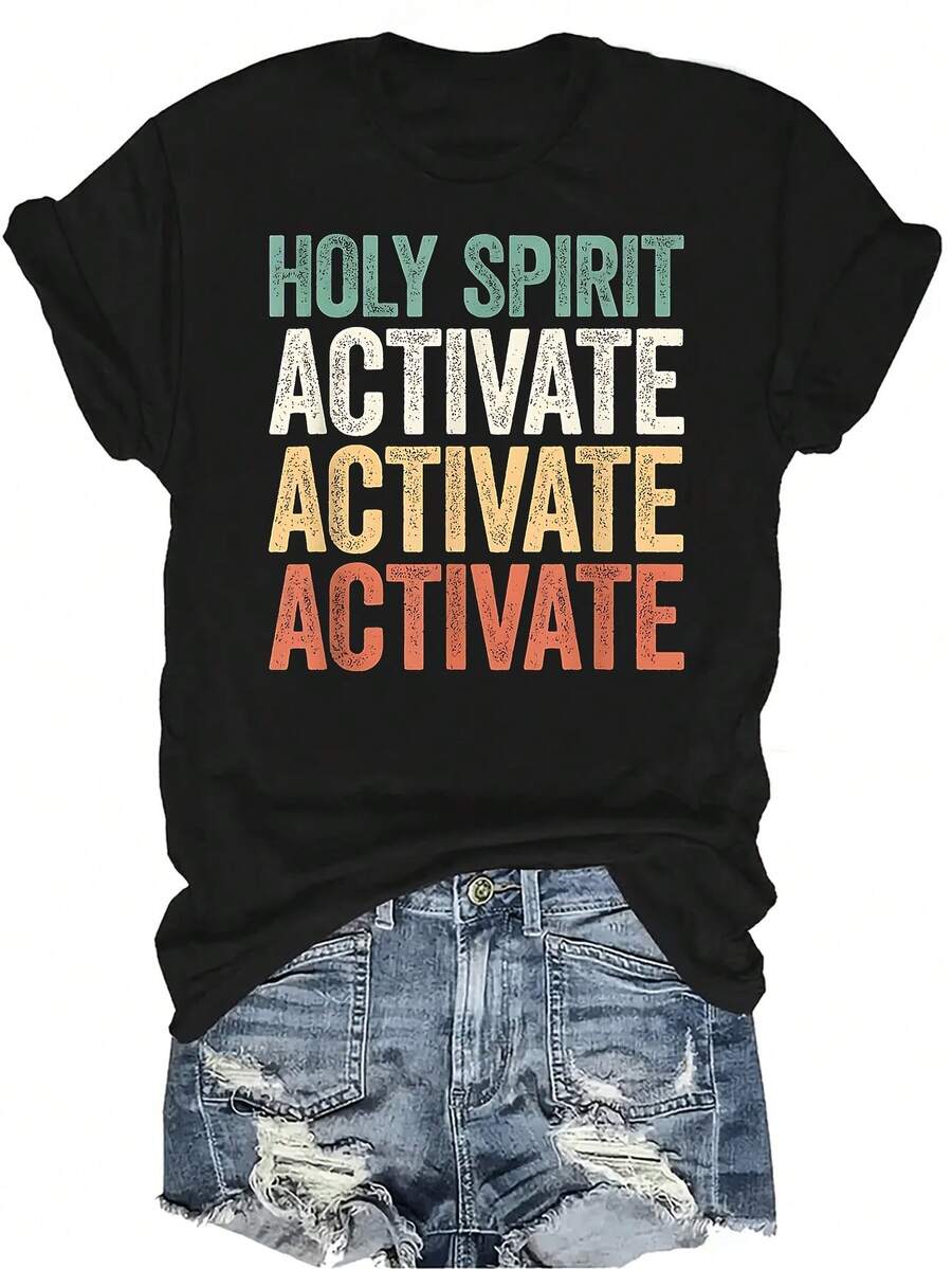 ¡NUEVO! Camiseta Activar el Espíritu Santo para mujer y unisex, de verano, casual, transpirable, con personalidad, cuello redondo, manga corta, ropa de calle, versátil, adecuada para adolescentes y adultos - Negro - Ver 1
