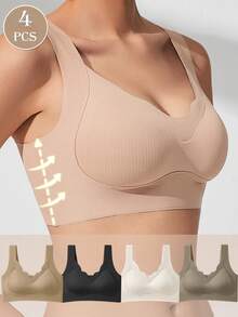 4pcs Women's Seamless Push Up Bras Wireless Casual Comfortable Bralette Intimates Nude Fit Tank Top Underwear Vest-Style Bra Basics Wirefree Yoga Sports Bra Ribbed Wavy Edge Bralette In Women