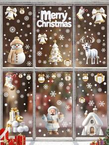 111pcs (9 Sheets) Christmas Glass Stickers, Snowflake, Santa Claus, Reindeer, Snowman Pattern Christmas Window Decorative Stickers, Suitable For Indoor Window Decoration During Winter Holidays - White & Gold Series