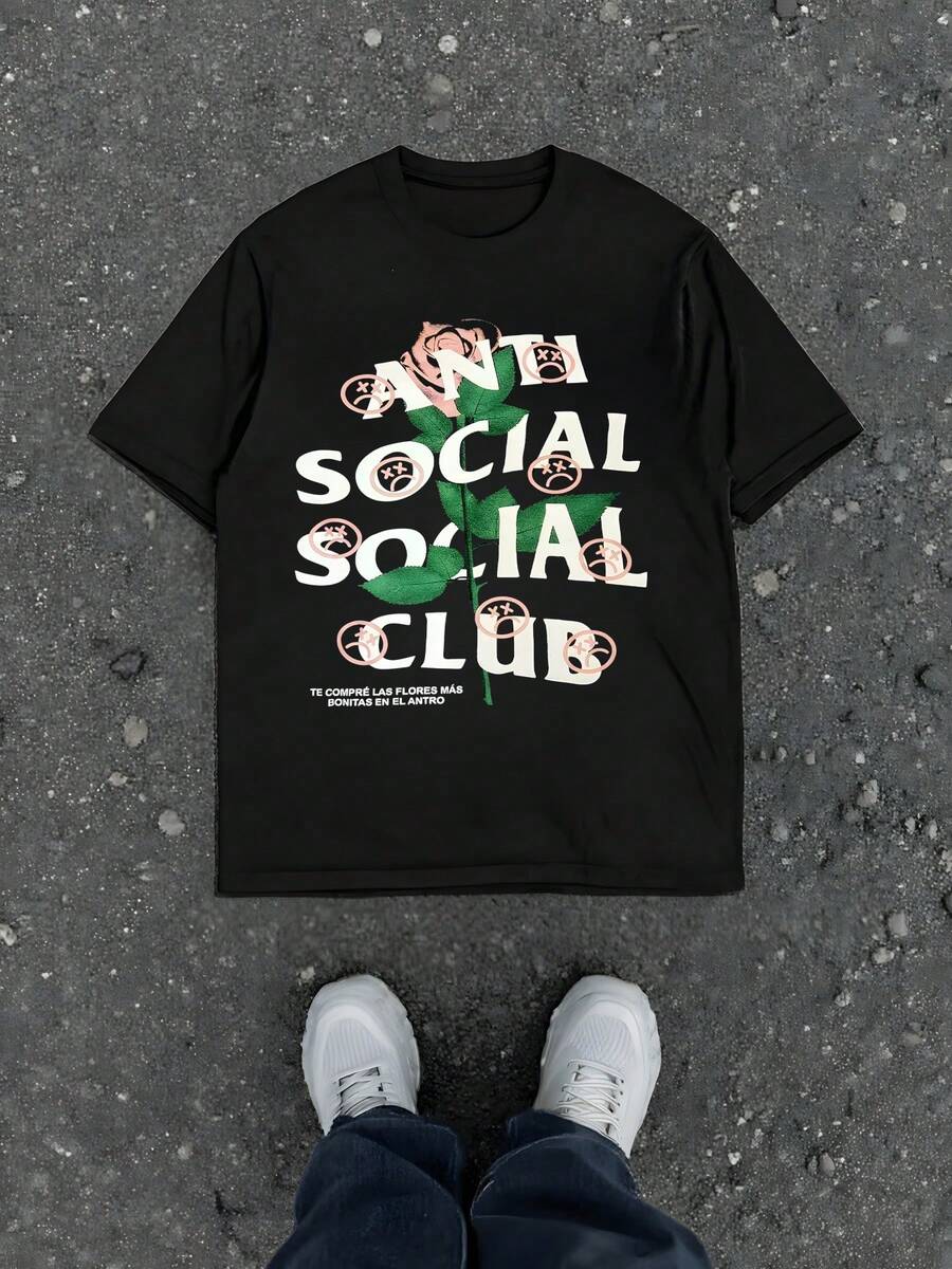 Anti Social Club Men's Casual 220g T Shirt 1pcs Streetwear Style 100% Cotton Rose Floral Digital Printed T Shirt Graphic Tee With Slogan - màu đen - Xem 1