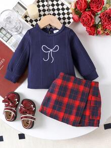 2 piezas Conjunto de niña elegante para la escuela con blusa de manga larga negra + falda a cuadros rojos y negros, ligero para primavera y otoño