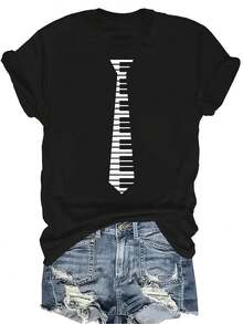 Camiseta con estampado de tecla de piano 1 para mujer y unisex, de verano, casual, transpirable, de personalidad, cuello redondo, manga corta, ropa de calle, versátil, adecuada para adolescentes y adultos - Negro - Ver 1