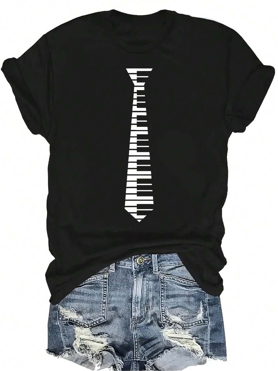 Camiseta con estampado de tecla de piano 1 para mujer y unisex, de verano, casual, transpirable, de personalidad, cuello redondo, manga corta, ropa de calle, versátil, adecuada para adolescentes y adultos - Negro - Ver 1