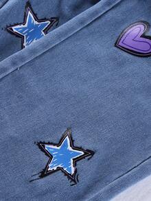 Girls Casual Loose Outdoor Apricot Heart & Star Print Hoodie Sweatshirt And Blue Heart & Star Print Jeans Set, Autumn - Khaki - View 10