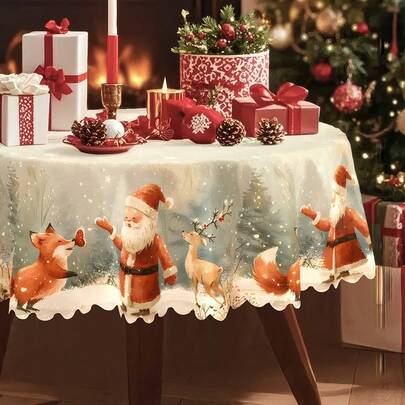 1/10/32 PCS Cute Christmas Tablecloths With Fox, Santa Claus, And Snow Scene Pattern Design - Essential Tablecloths For Indoor And Outdoor, Festivals,