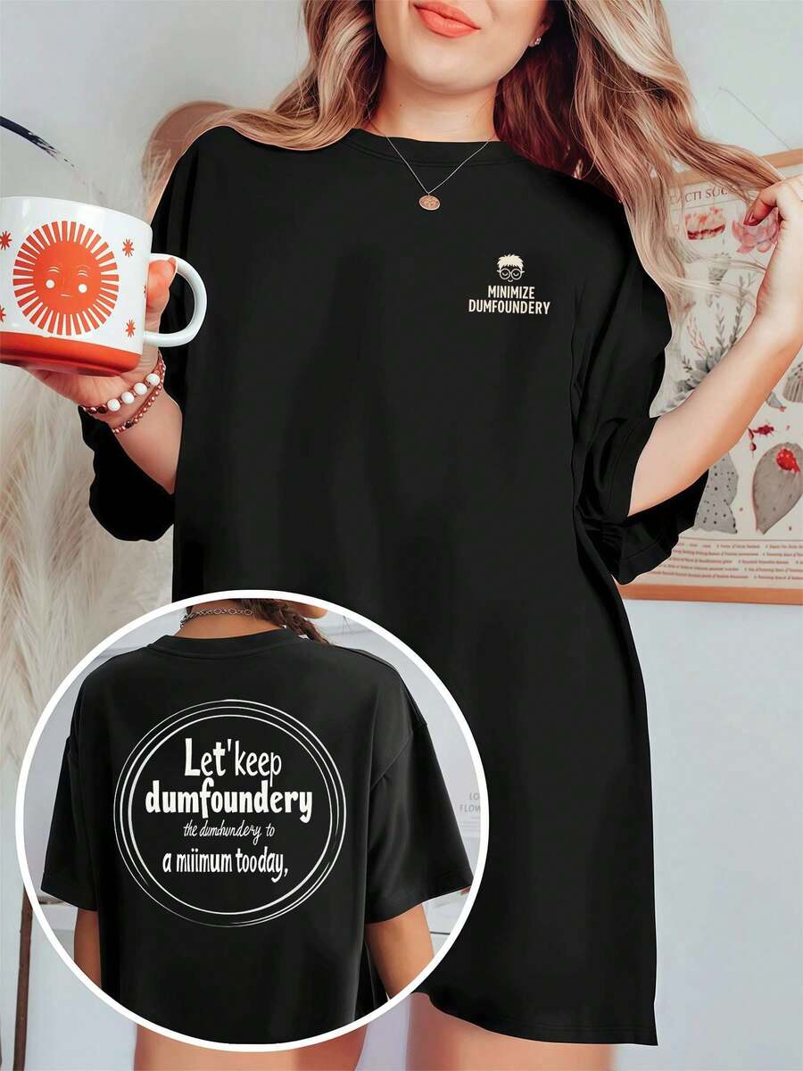 Funny Slogan Graphic Tee , Women's Double Sided Printed Fashion Casual Round Neck 220gsm Cotton T-Shirt (1 PC) - Black - View 1