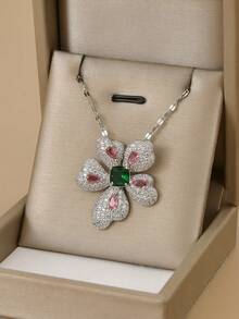 1 件可爱方晶锆石花朵不锈钢女士项链，适合日常佩戴，女士银项链，优质镀银项链，女士珠宝项链，万圣节礼物，圣诞节礼物，女士配饰 - 銀色 - 查看 1