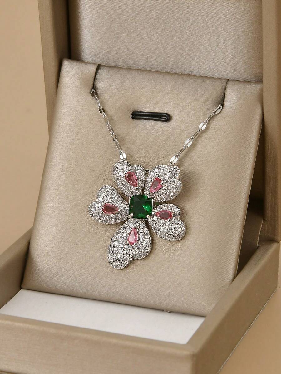 1 件可爱方晶锆石花朵不锈钢女士项链，适合日常佩戴，女士银项链，优质镀银项链，女士珠宝项链，万圣节礼物，圣诞节礼物，女士配饰 - 銀色 - 查看 1