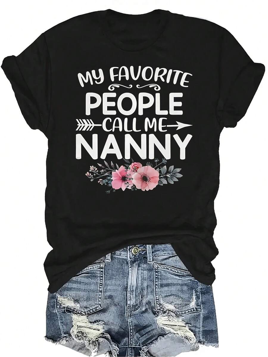 Mi gente favorita me llama Abuela Camiseta para mujeres y unisex, de verano, casual, transpirable, con personalidad, cuello redondo, manga corta, ropa de calle, versátil, adecuada para adolescentes y adultos - Negro - Ver 1