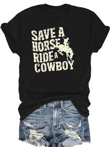 Camiseta "Save A Horse" para mujer y unisex, de verano, casual, transpirable, con personalidad, cuello redondo, manga corta, ropa de calle, versátil, adecuada para adolescentes y adultos - Negro - Ver 1