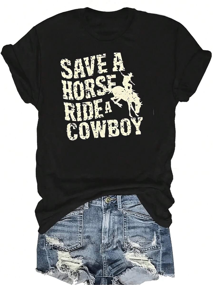 Camiseta "Save A Horse" para mujer y unisex, de verano, casual, transpirable, con personalidad, cuello redondo, manga corta, ropa de calle, versátil, adecuada para adolescentes y adultos - Negro - Ver 1