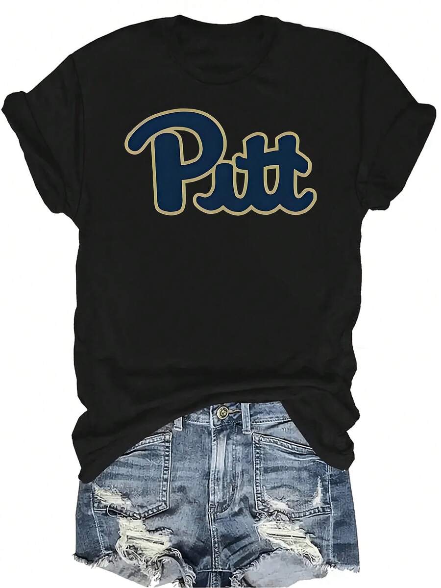 Camiseta con patrones interesantes para mujer y unisex, de verano, casual, transpirable, con cuello redondo, manga corta, estilo urbano y versátil, adecuada para adolescentes y adultos - Negro - Ver 1