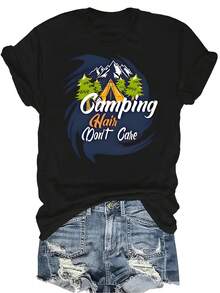 Camiseta de aventura al aire libre para campamento, para mujer y unisex, de verano, casual, transpirable, con personalidad, cuello redondo, manga corta, ropa de calle, versátil, adecuada para adolescentes y adultos - Negro - Ver 1
