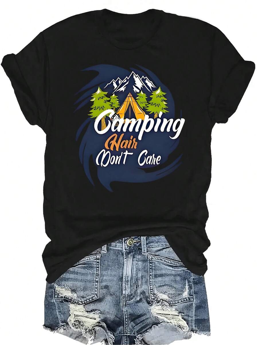 Camiseta de aventura al aire libre para campamento, para mujer y unisex, de verano, casual, transpirable, con personalidad, cuello redondo, manga corta, ropa de calle, versátil, adecuada para adolescentes y adultos - Negro - Ver 1